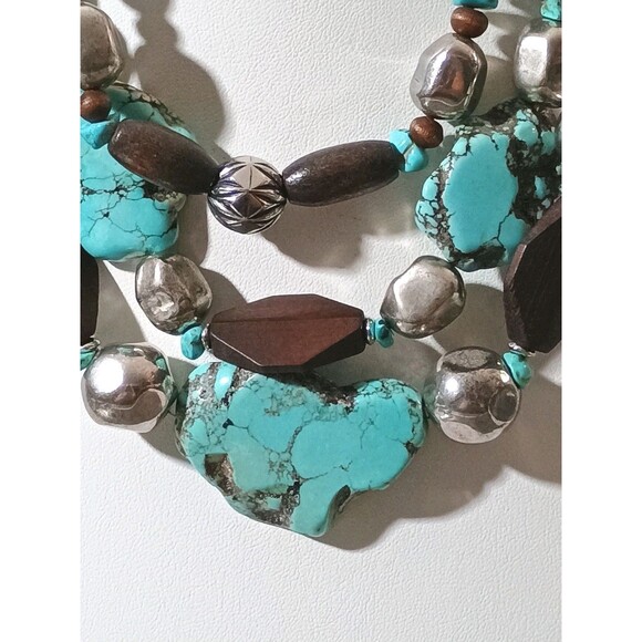 Bocar Southwest Style Faux Turquoise Wood Silver Tone Triple Strand Necklace - Picture 2 of 6